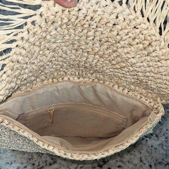 Womens Half‎ Moon Flap Woven Raffia Envelope Clutch Tan Size 12"x 8.5" - Picture 3 of 6